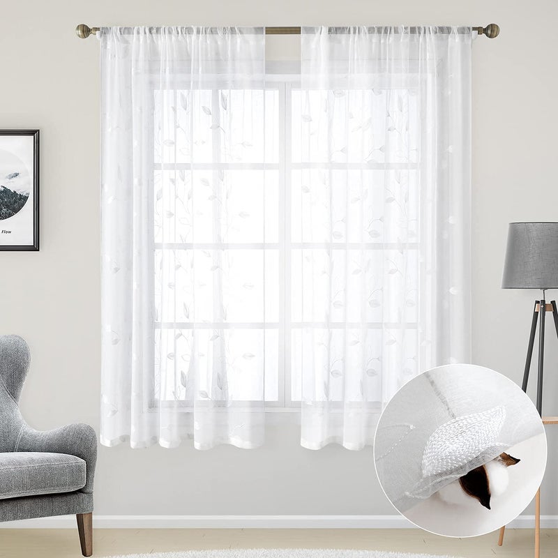 HOMEIDEAS White Sheer Curtains 52 X 63 Inches Length 2 Panels Embroidered Leaf Pattern Pocket Faux Linen Floral Semi Sheer Voile Window Curtains/Drapes for Bedroom Living Room - Image 2
