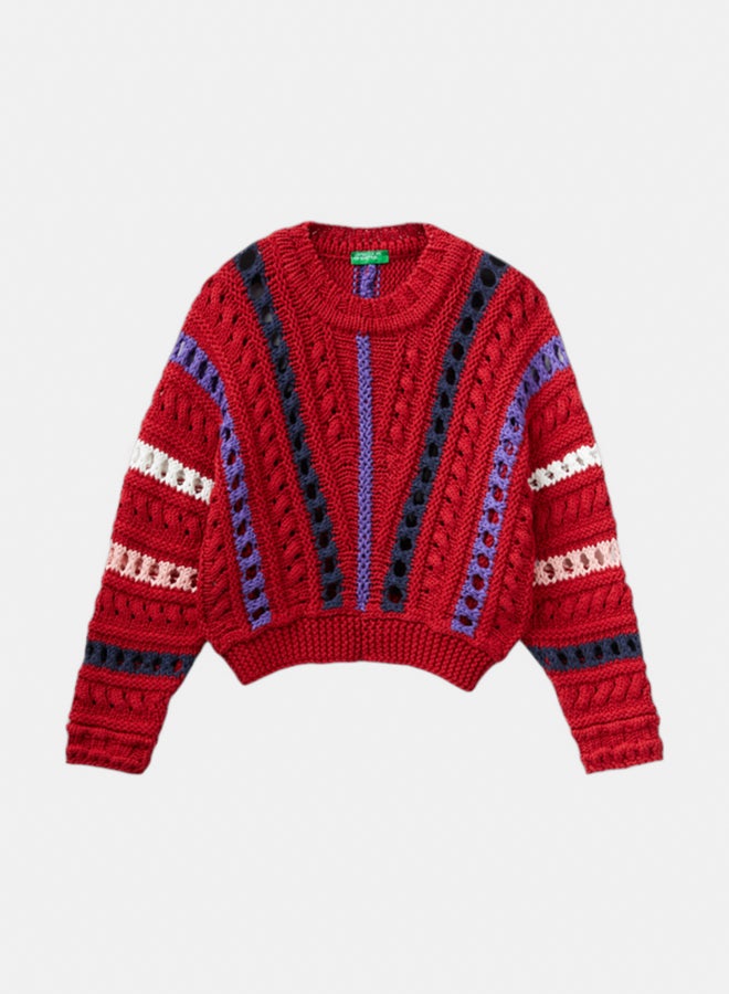 Benetton Girls Sweater With Cable Knit And Perforations - Image 1