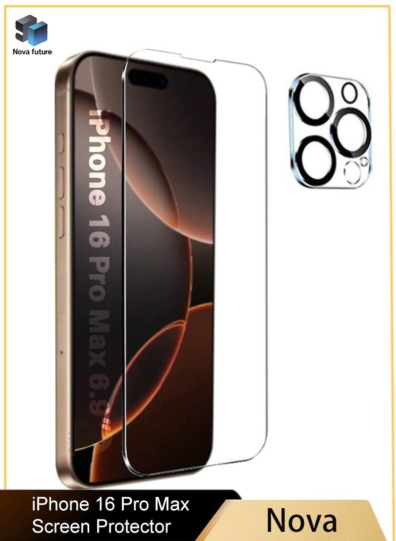 Nova future [1+1 Pack] iPhone 16 Pro Max Tempered Glass Screen Protector with Camera Lens Protector, Shatterproof and Shockproof, HD 9H Hardness Bubble Free Scratch Resistant (Boxed, with Installation Tool) - Image 1