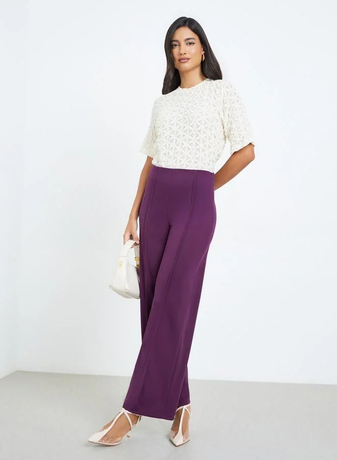 Styli Purple Solid Wide Leg Stretch Formal Pants