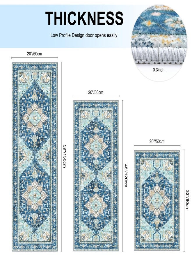 Yamaziot Boho Washable Kitchen Rugs Sets of 3, Non Slip Kitchen Mats for Floor with Rubber Backing, Waterproof & Stain Resistant Thick Carpet Runner Throw Rugs for Kitchen, Laundry Room, Hallway, Blue - Image 2