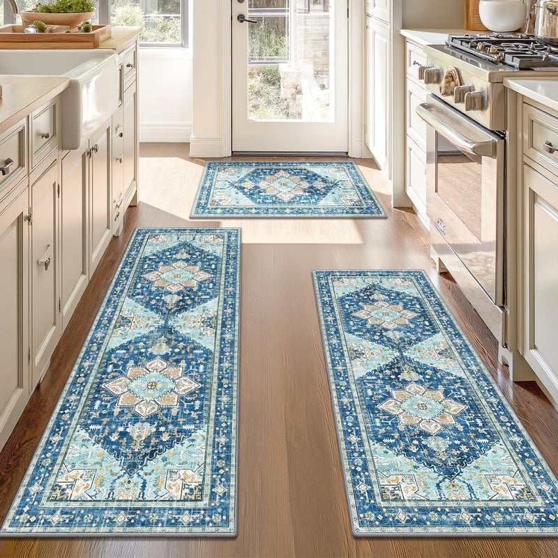 Yamaziot Boho Washable Kitchen Rugs Sets of 3, Non Slip Kitchen Mats for Floor with Rubber Backing, Waterproof & Stain Resistant Thick Carpet Runner Throw Rugs for Kitchen, Laundry Room, Hallway, Blue - Image 1