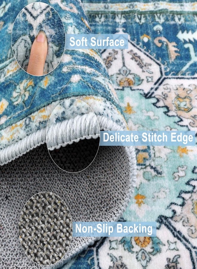 Yamaziot Boho Washable Kitchen Rugs Sets of 3, Non Slip Kitchen Mats for Floor with Rubber Backing, Waterproof & Stain Resistant Thick Carpet Runner Throw Rugs for Kitchen, Laundry Room, Hallway, Blue - Image 3