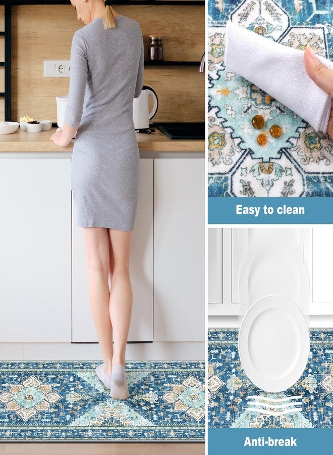 Yamaziot Boho Washable Kitchen Rugs Sets of 3, Non Slip Kitchen Mats for Floor with Rubber Backing, Waterproof & Stain Resistant Thick Carpet Runner Throw Rugs for Kitchen, Laundry Room, Hallway, Blue - Image 4