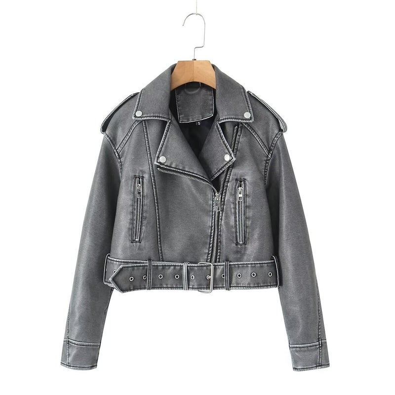 2024 Fall New Chic Faux Leather Biker Jacket dark gray 