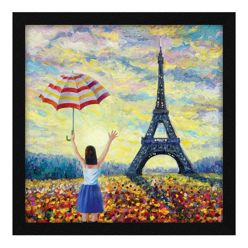 ArtX Paper Eiffel Tower Girl Framed Wall Art Painting Multicolor Abstract 13 X 13 inches Set of 1