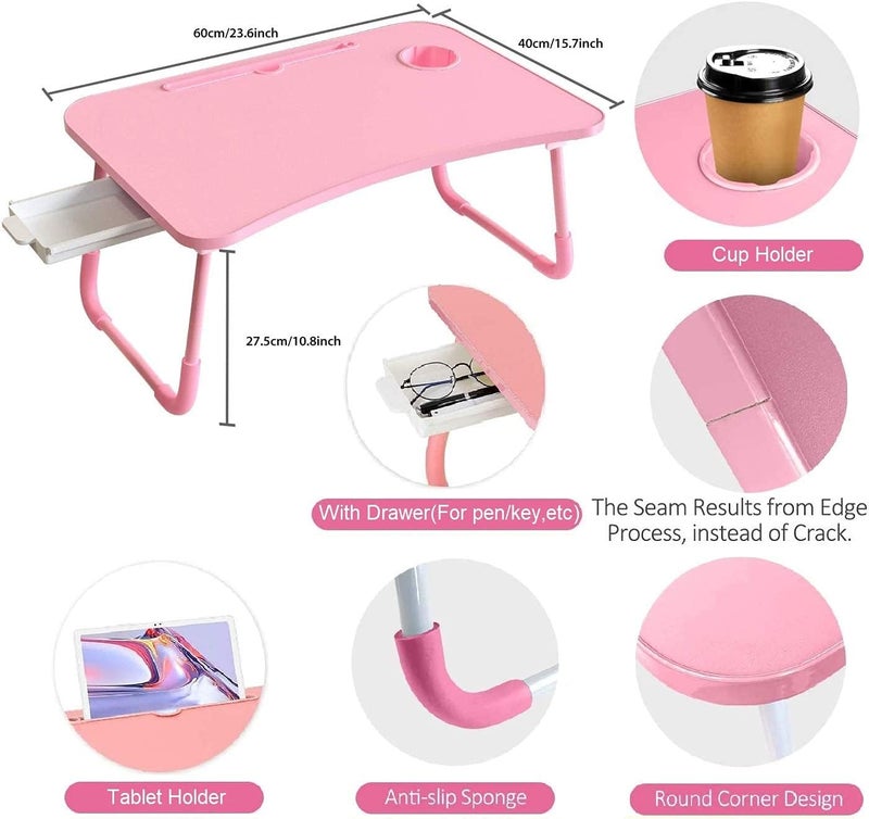 Kylinbigda Laptop Desk Foldable Bed Table, Portable Lap Desk Laptop Bed Tray Table with Storage Drawer and Cup Holder, Lap Tray Table Notebook Stand Reading Desk Breakfast Tray for Bed Couch Sofa Floor – Pink - Image 5