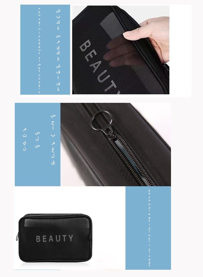 Mesh Makeup Bag, 3-Piece Set, Portable Zipper Cosmetic Bags for Travel,Toiletry Organizer Bag, Large Capacity Storage Pouches, Black - Image 5