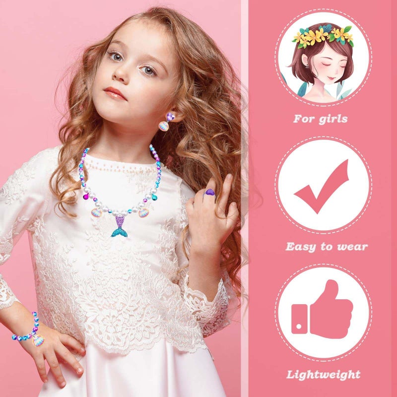 DkakoJew Jewelry Set For Girls Necklace Bracelet Earring ring Set Mermaid Necklace For Girls Jewelry Set Halloween Christmas Birthday Gift - Image 2