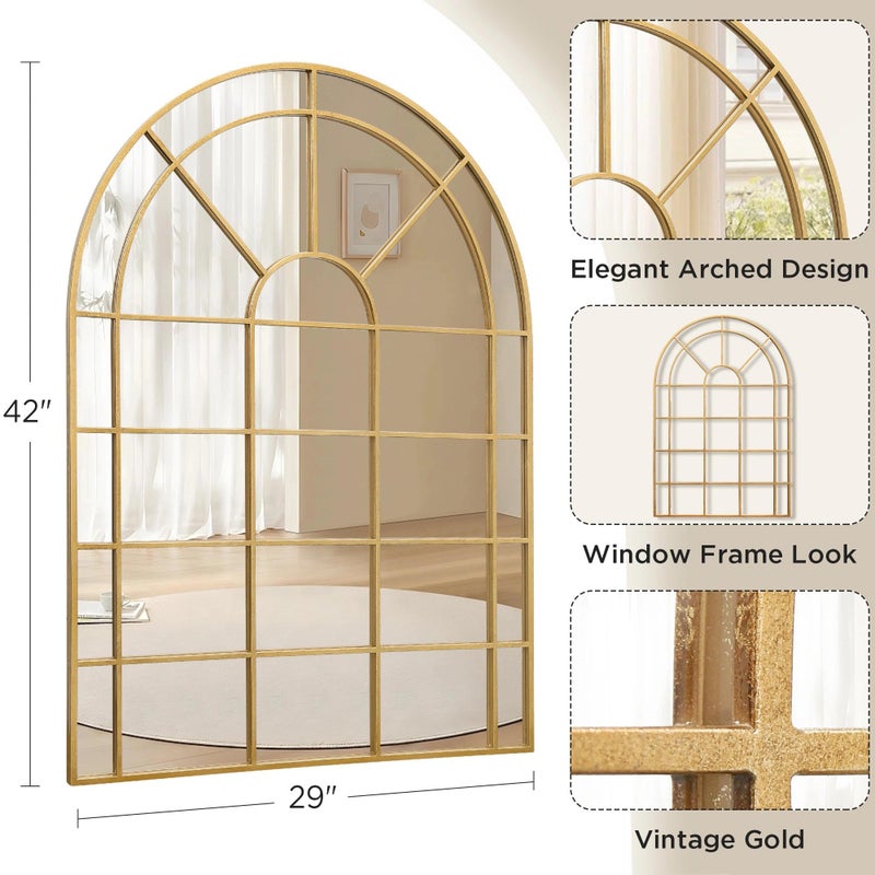 Besdomus Large Gold Arched Mirror: 29"x42" Gilded Ornate Window Pane Mirror - Wall Decor for Fireplace/Entryway/Hallway/Living Room - Ideal for Home Decor Enthusiast - Image 2