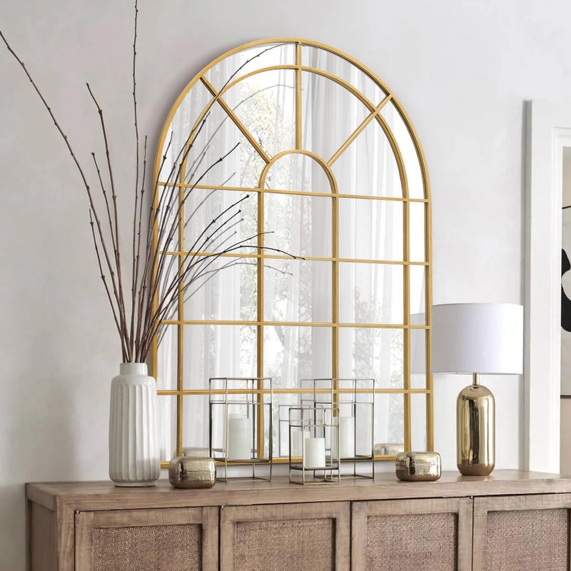Besdomus Large Gold Arched Mirror: 29"x42" Gilded Ornate Window Pane Mirror - Wall Decor for Fireplace/Entryway/Hallway/Living Room - Ideal for Home Decor Enthusiast - Image 1