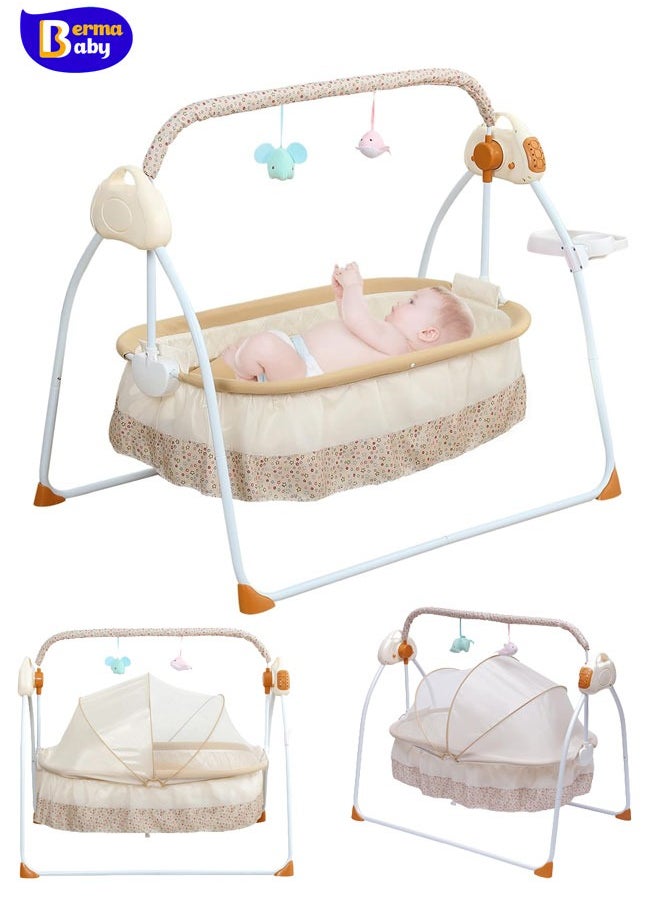 Berma Baby Foldable Baby Cradle Swing, Bluetooth Electric Auto-Swing Baby Cradle Crib, Adjustable 5 Speed Infant Rocking Chair Bed with Remote Control for 0-18 Months Newborn  - Image 1