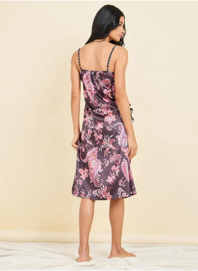 Styli Satin Ruffle Printed Slip Midi Dress