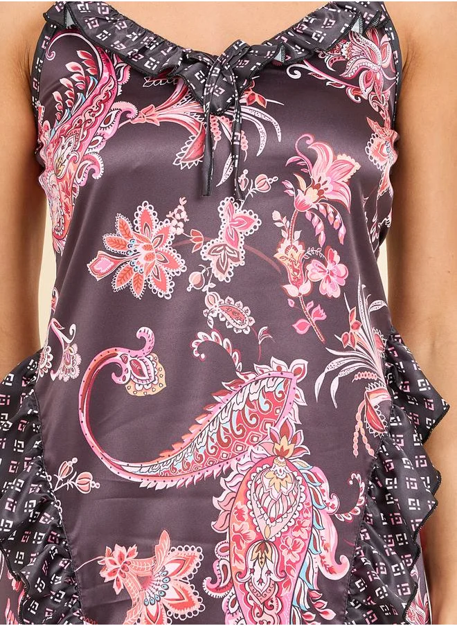 Styli Satin Ruffle Printed Slip Midi Dress