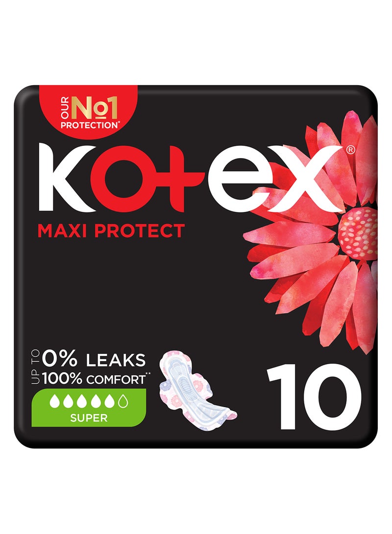 Kotex فوط كوتيكس ماكسي بروتكت السميكة، فوط صحية بحجم سوبر مع أجنحة، 10 فوط صحية - Image 1