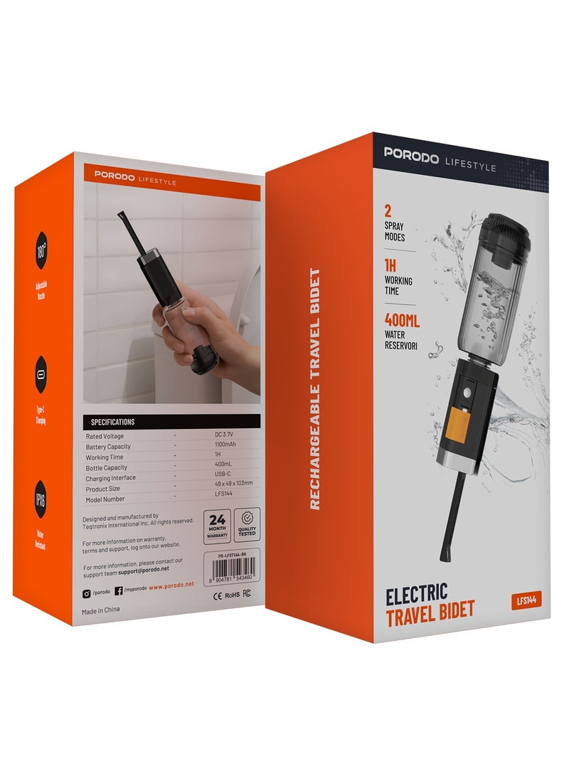 porodo Electric Travel Bidet / 400mL Water Reservoir /180° Adjustable Nozzle / Water Resistant / Rechargeable Portable Bidet for Travel, Camping or Outdoor Activities - Black - Image 4