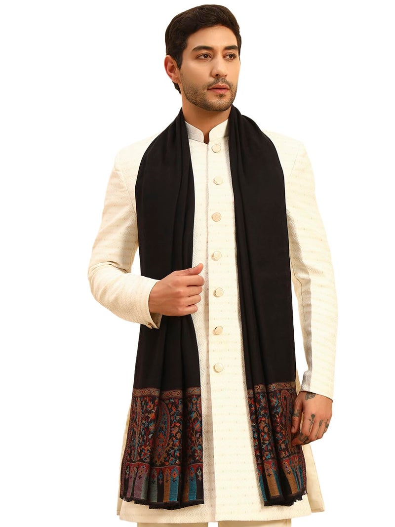 Pashmoda Men Gulpari Kaani Stole, Authentic Kashmiri Luxury Pashmina Style Shawl, Stole, Small Size Gents Lohi, (Size 28x80 Inches,Black Color) MAVST06 - Image 1