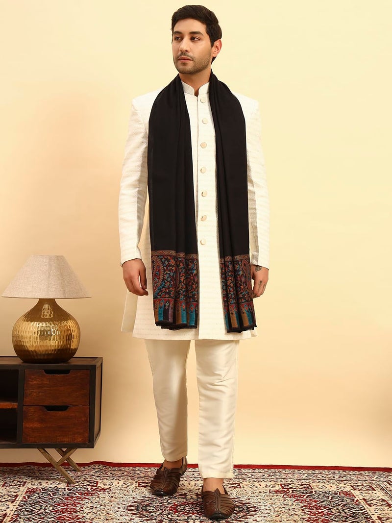 Pashmoda Men Gulpari Kaani Stole, Authentic Kashmiri Luxury Pashmina Style Shawl, Stole, Small Size Gents Lohi, (Size 28x80 Inches,Black Color) MAVST06 - Image 3