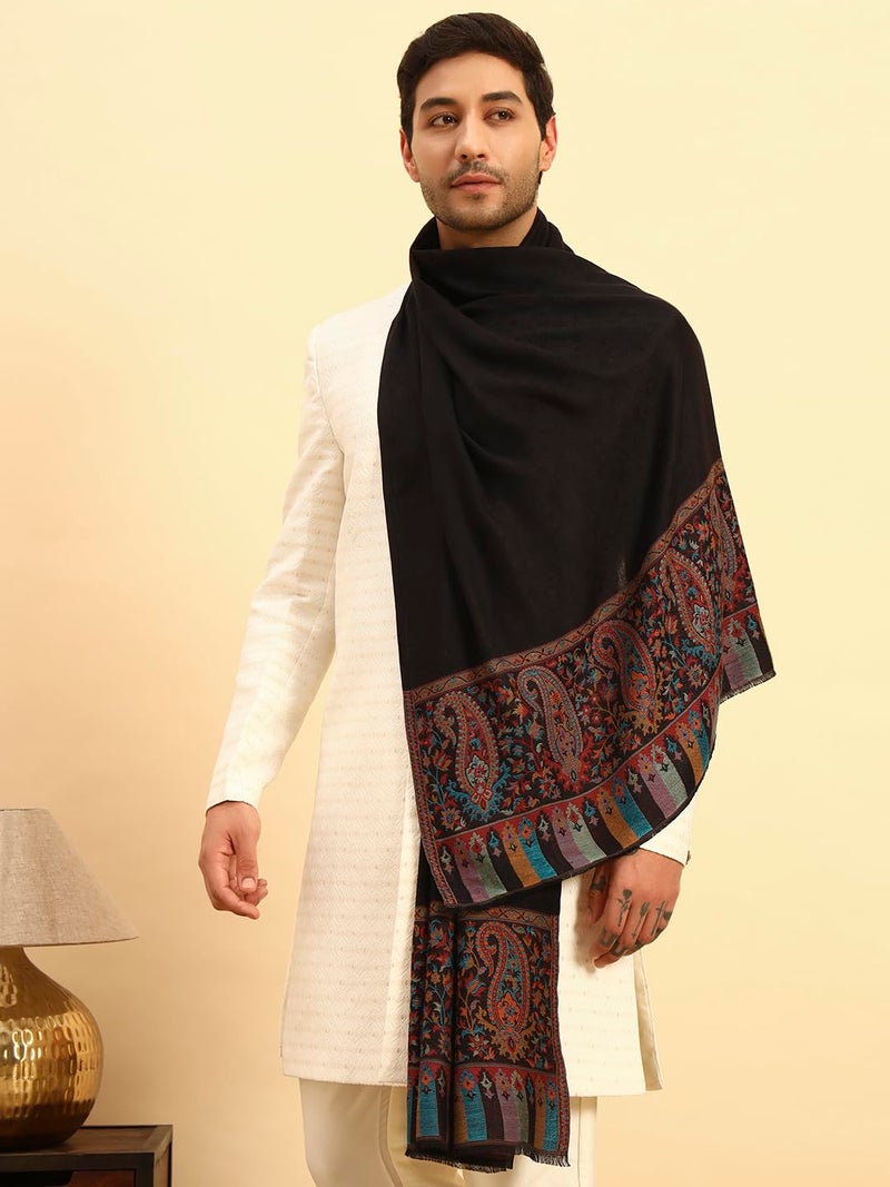 Pashmoda Men Gulpari Kaani Stole, Authentic Kashmiri Luxury Pashmina Style Shawl, Stole, Small Size Gents Lohi, (Size 28x80 Inches,Black Color) MAVST06 - Image 5