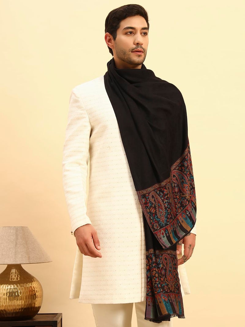 Pashmoda Men Gulpari Kaani Stole, Authentic Kashmiri Luxury Pashmina Style Shawl, Stole, Small Size Gents Lohi, (Size 28x80 Inches,Black Color) MAVST06 - Image 4
