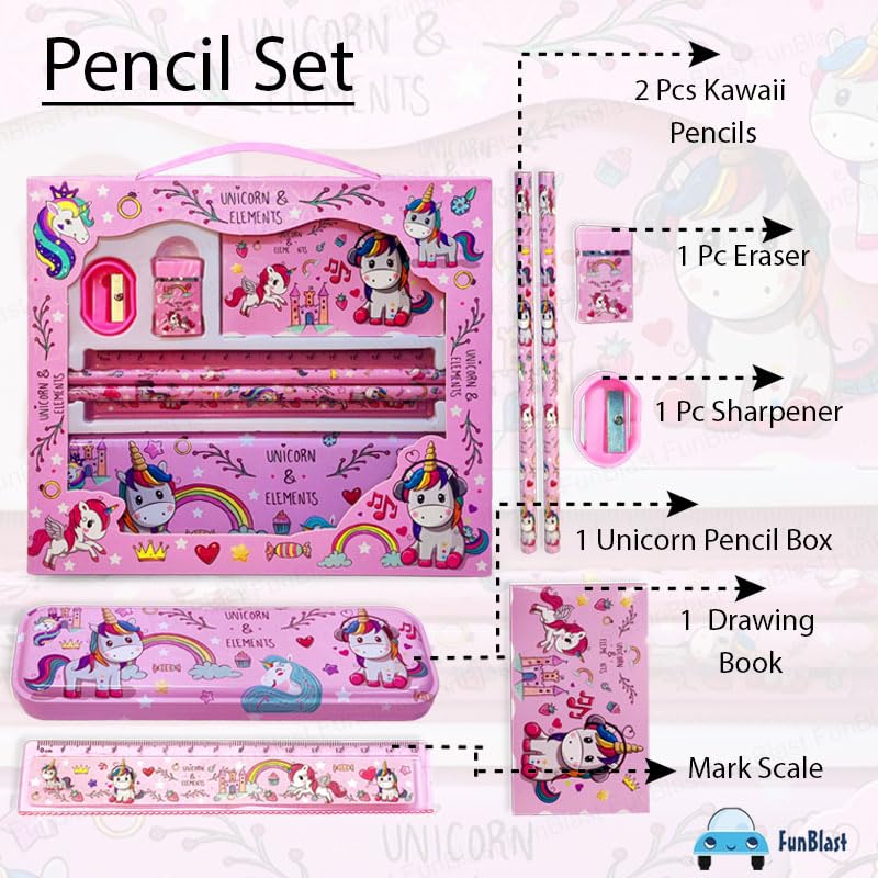 FunBlast Unicorn Stationery Set for Girls - Pencil Pen Book Eraser Sharpener, Kawaii Stationery for Kids, Stationary Kit Set for Girls, Birthday Return Gift for Kids (Multicolor) - Image 5