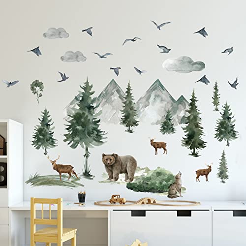 Prabahdak Woodland Nursery Wall Stickers Watercolor Mountain Tree Wall Decal Jungle Trees Animals Home Decals Sticker DIY Cartoon Deer Bear Wolf Forest Animal Home Sticker for Kids Room Bedroom Nursery Decor - Image 4