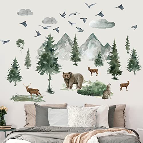 Prabahdak Woodland Nursery Wall Stickers Watercolor Mountain Tree Wall Decal Jungle Trees Animals Home Decals Sticker DIY Cartoon Deer Bear Wolf Forest Animal Home Sticker for Kids Room Bedroom Nursery Decor - Image 5