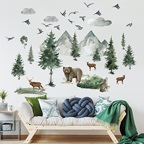 Prabahdak Woodland Nursery Wall Stickers Watercolor Mountain Tree Wall Decal Jungle Trees Animals Home Decals Sticker DIY Cartoon Deer Bear Wolf Forest Animal Home Sticker for Kids Room Bedroom Nursery Decor - Image 3
