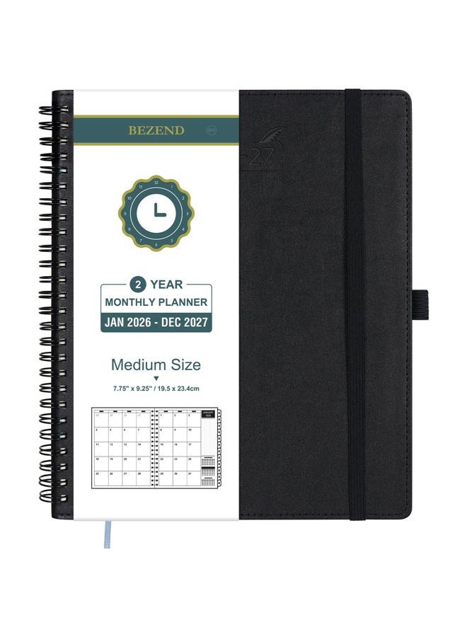 BEZEND Monthly Planner 2026-2027 (Spiral-7" x 9") 2 Year Calendar Book with Note Pages - Jan 26 to Dec 27-120 GSM Paper, Inner Pockets, Laminated Tabs, Vegan Leather Softcover - Black - Image 1