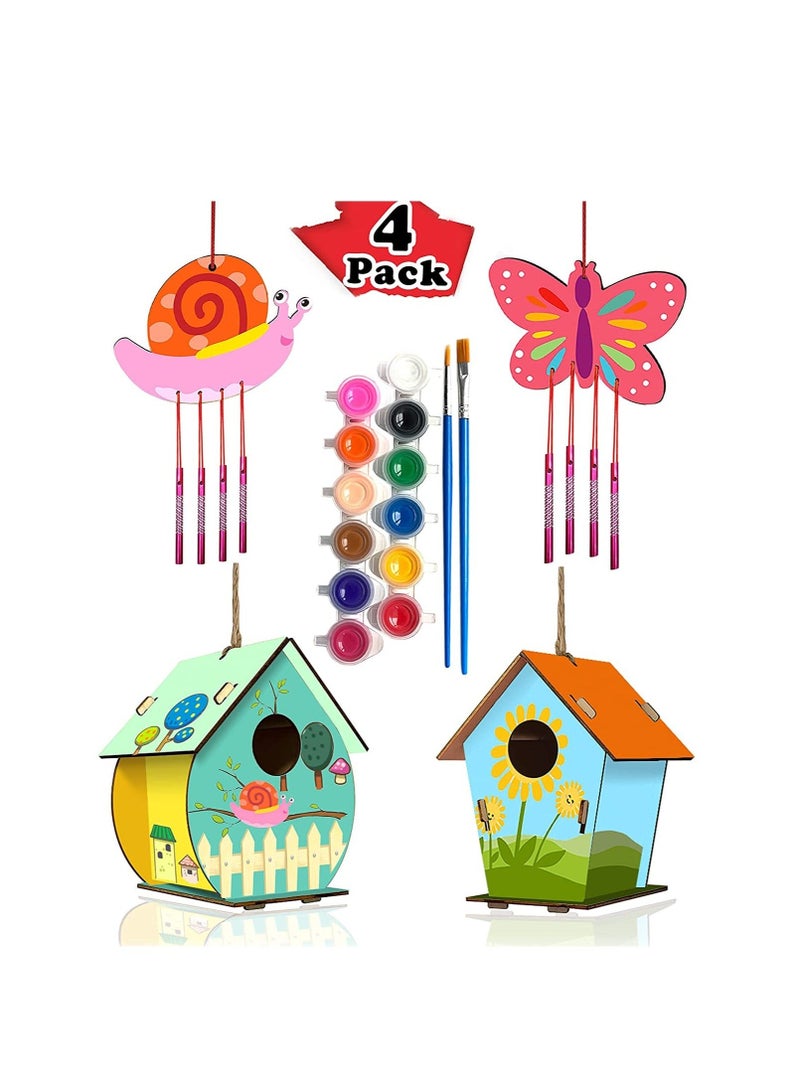 كابتن تيك 4 Pack DIY Bird House Wind Chime Kits for Children to Build and Paint, Wooden Arts Crafts Kids Girls Boys Toddlers Ages 8-12 4-6 6-8, Paint Kit Includes Paints & Brushes - Image 1