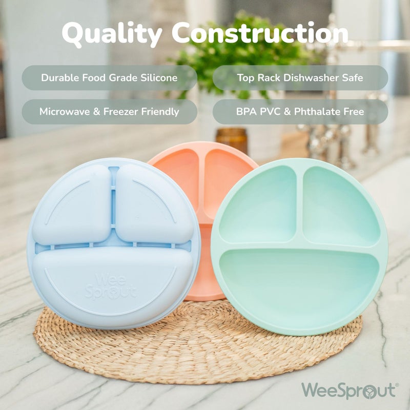 WeeSprout أطباق وي سبراوت السيليكون للأطفال والرضع (3 عبوات) 100% أطباق آمنة للطعام للتغذية الذاتية، تصميم مقسم وحواف مرتفعة للناقدين في الطعام، آمنة في غسالة الصحون والميكروويف، مستلزمات الفطام - Image 4