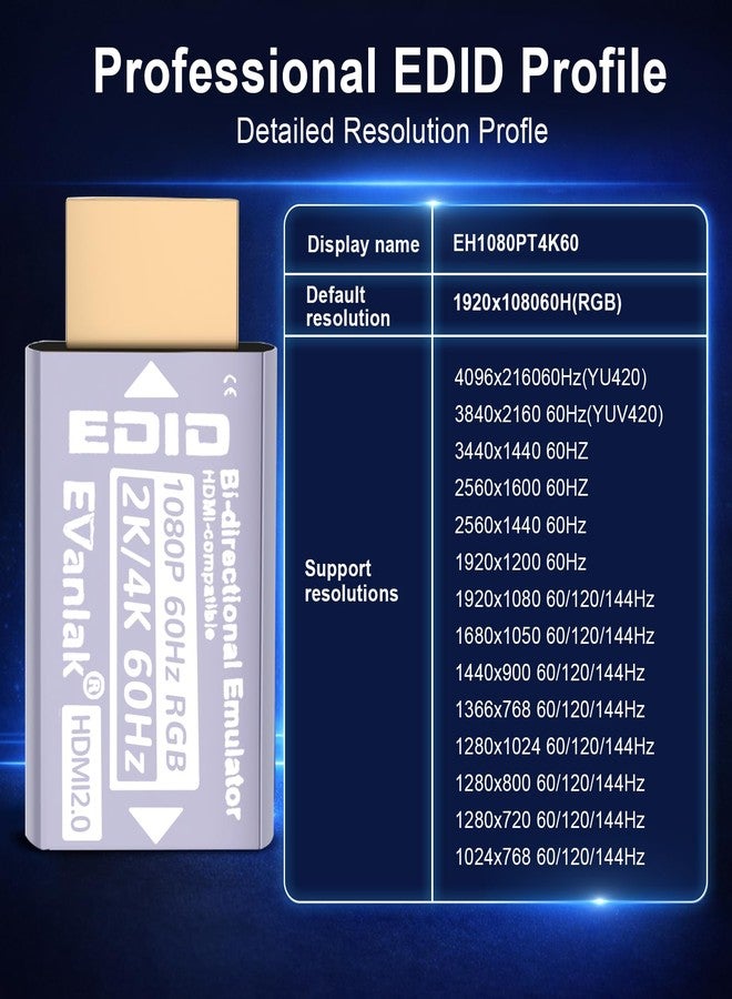 EVanlak HDMI Passthrough EDID Emulator Adapter - Virtual Monitor Headless Ghost Display, 1080P to 4K at 60Hz, Bi-Directional Auto-Detection, 1 Pack - Image 5