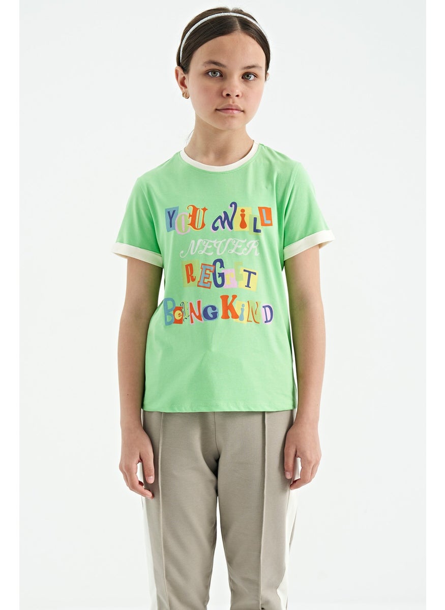 Tommy Life - Neon Green Colored Text Detailed O Neck Comfortable Form Girls T-Shirt - 75109 - Image 1