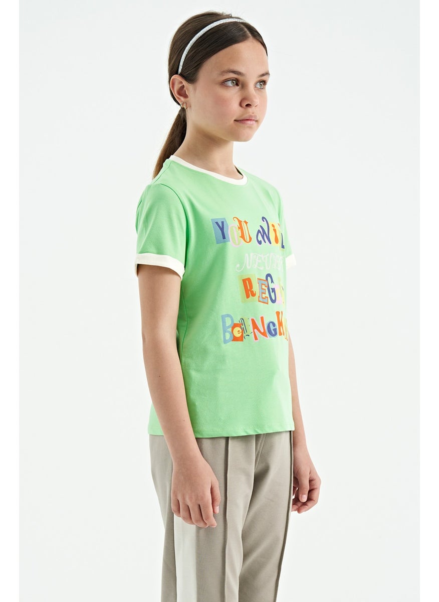 Tommy Life - Neon Green Colored Text Detailed O Neck Comfortable Form Girls T-Shirt - 75109 - Image 1