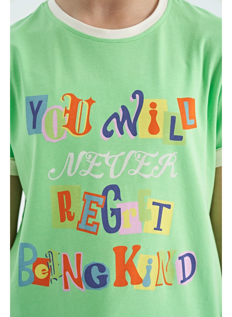 Tommy Life - Neon Green Colored Text Detailed O Neck Comfortable Form Girls T-Shirt - 75109 - Image 1