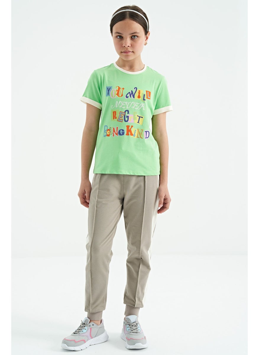 Tommy Life - Neon Green Colored Text Detailed O Neck Comfortable Form Girls T-Shirt - 75109 - Image 1