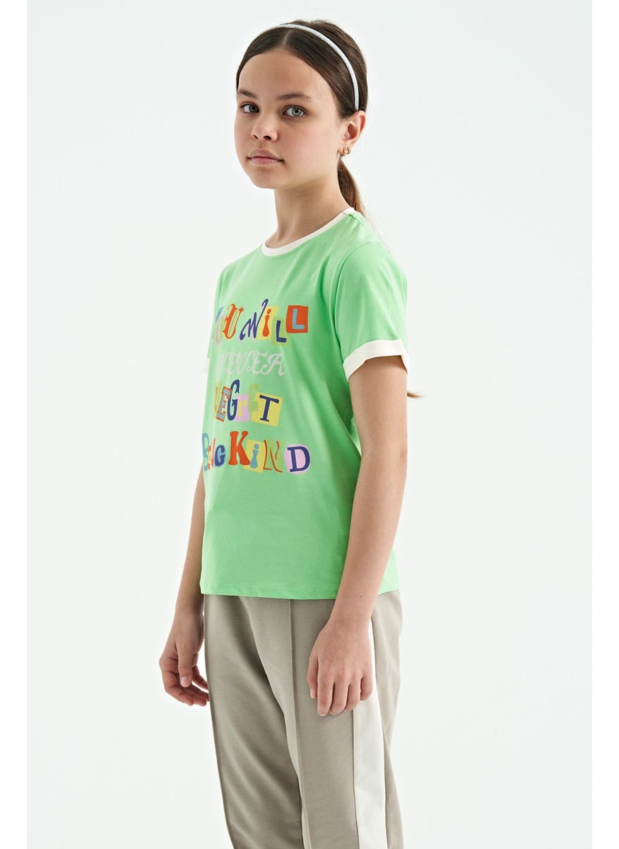 Tommy Life - Neon Green Colored Text Detailed O Neck Comfortable Form Girls T-Shirt - 75109 - Image 1