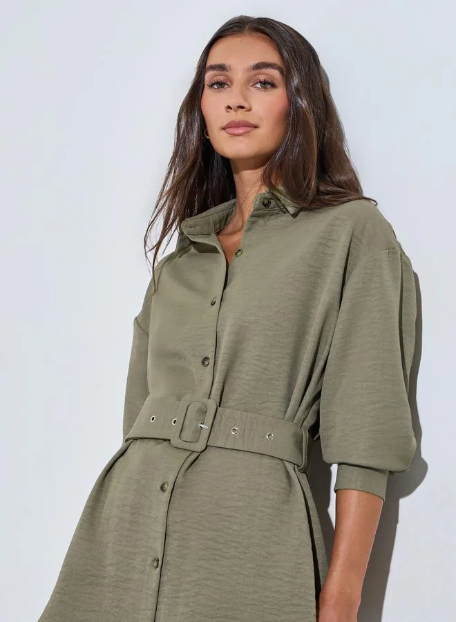 Styli Olive Textured Belted Overshirt