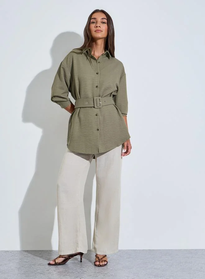Styli Olive Textured Belted Overshirt