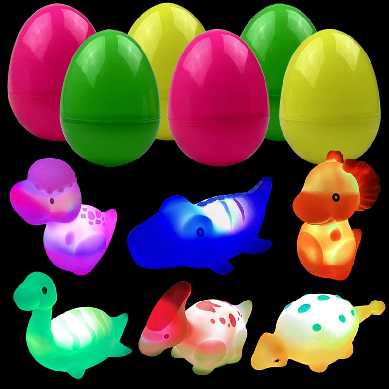 Jofan 6 Pack Prefilled Jumbo Plastic Easter Eggs with Light Up Dinosaur Bath Toys Inside for Kids Boys Girls Toddlers Easter Basket Stuffers Gifts Party Favors - Image 1