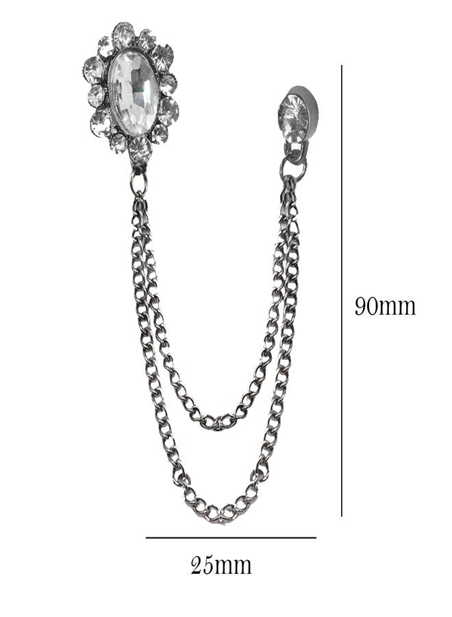 M Men Style بروش رجالي أنيق من تصميم M، مزين بأحجار الراين البيضاء والكريستال الأسود، مناسب لحفلات الزفاف، مع سلسلة متدلية. - Image 2