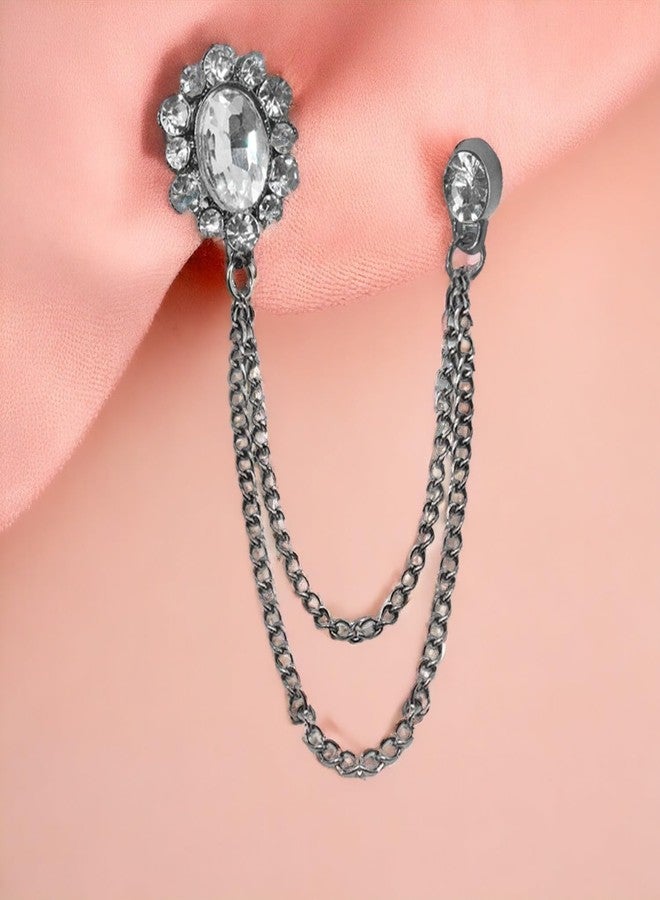 M Men Style بروش رجالي أنيق من تصميم M، مزين بأحجار الراين البيضاء والكريستال الأسود، مناسب لحفلات الزفاف، مع سلسلة متدلية. - Image 4