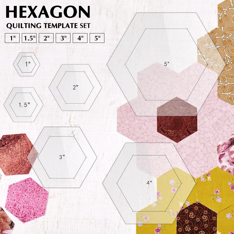 Weewooday 6 Pieces Hexagon Quilting Templates 1 Inch, 1.5 Inch, 2 Inch, 3 Inch, 4 Inch, 5 Inch with 1/4 Inch Seam Allowance, Acrylic Quilting Templates for DIY Sewing Crafts - Image 5