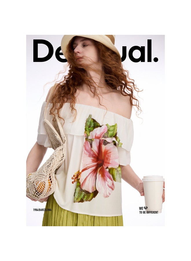 DESIGUAL 25 Spring/summer New Floral Print Women's T-shirt With Ruffle Off-shoulder Neckline - Image 3