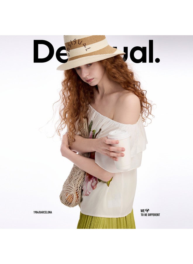 DESIGUAL 25 Spring/summer New Floral Print Women's T-shirt With Ruffle Off-shoulder Neckline - Image 5