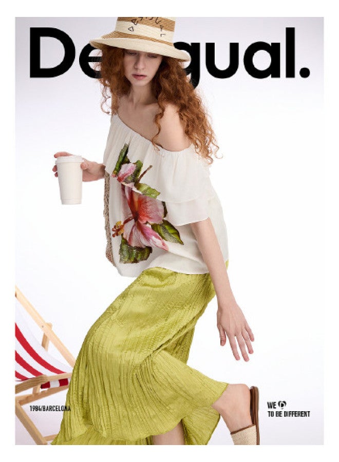 DESIGUAL 25 Spring/summer New Floral Print Women's T-shirt With Ruffle Off-shoulder Neckline - Image 1