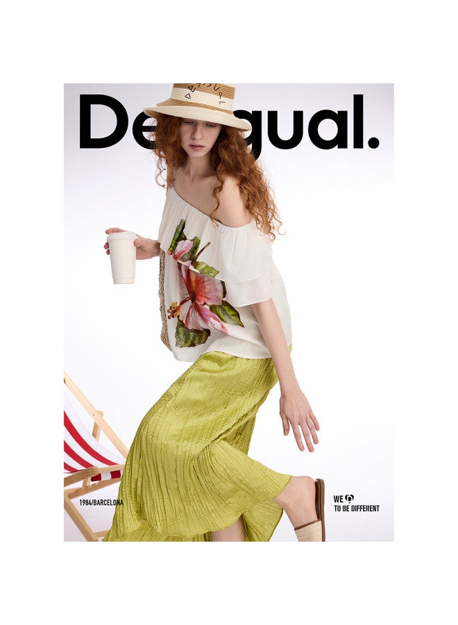DESIGUAL 25 Spring/summer New Floral Print Women's T-shirt With Ruffle Off-shoulder Neckline - Image 2