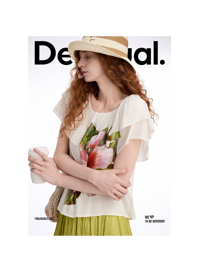 DESIGUAL 25 Spring/summer New Floral Print Women's T-shirt With Ruffle Off-shoulder Neckline - Image 4