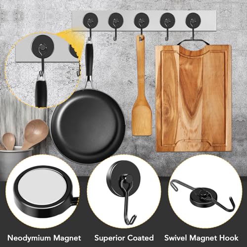 MIKEDE Magnetic Hooks, 110LB Heavy Duty Neodymium Black Magnet Hooks, Strong Swivel Magnetic Hooks Rust Proof for Indoor Outdoor Hangers Hanging, Fridge, Garage, Cruise, 6 Pack - Image 2