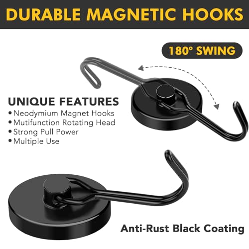 MIKEDE Magnetic Hooks, 110LB Heavy Duty Neodymium Black Magnet Hooks, Strong Swivel Magnetic Hooks Rust Proof for Indoor Outdoor Hangers Hanging, Fridge, Garage, Cruise, 6 Pack - Image 3